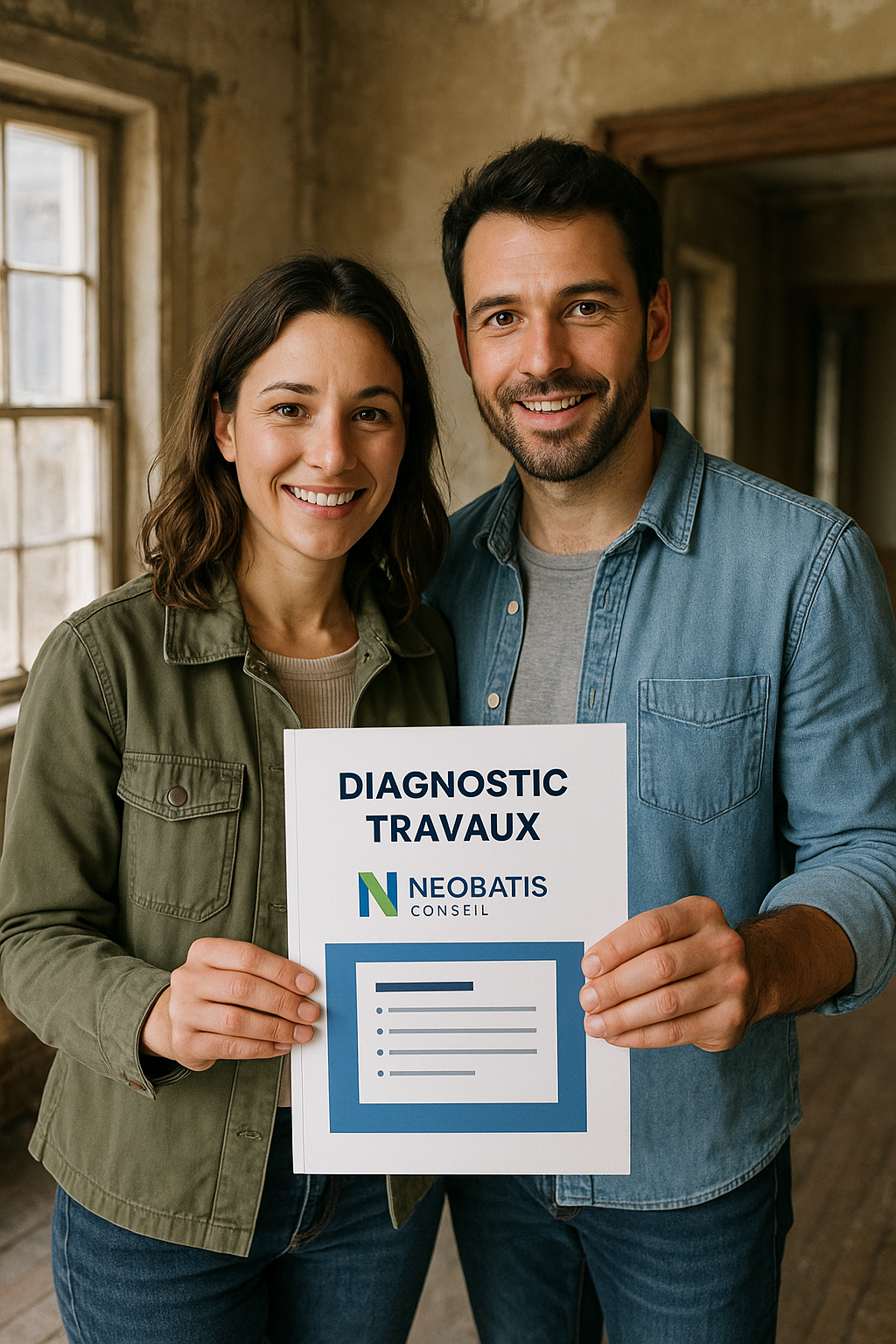 Couple présentant un diagnostic travaux avant achat réalisé par Neobatis conseil en Corrèze.
